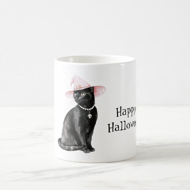 Black Cat Chic Pink Hat Halloween Coffee Mug (Center)