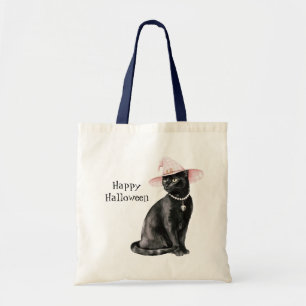 Black Cat Chic Pink Hat Halloween Tote Bag