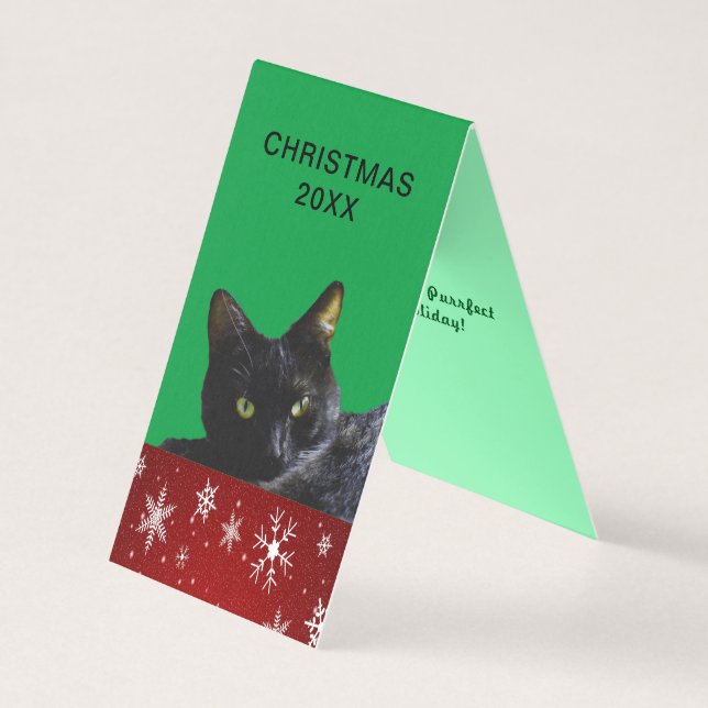 Black Cat Christmas 20XX on Snowflakes Tent Card (Front)