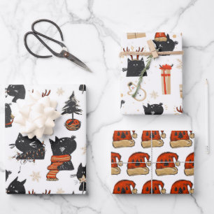 Black Cat Christmas 3 Sheet Wrapping Paper Set