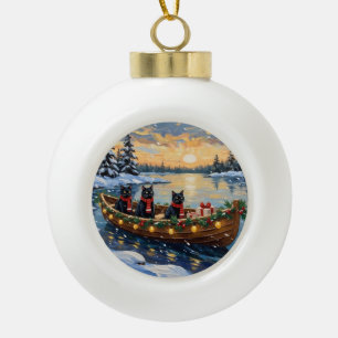 Black Cat Christmas Boat Holiday Ceramic Ball Christmas Ornament