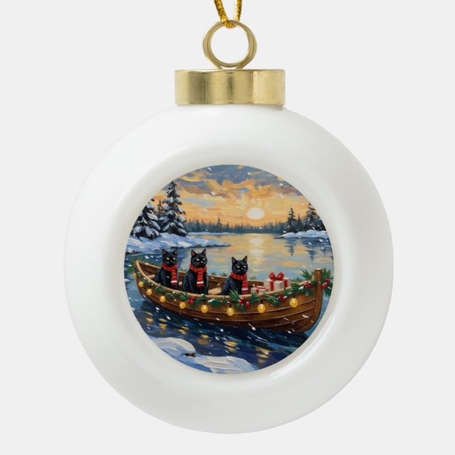 Black Cat Christmas Boat Holiday Ceramic Ball Christmas Ornament (Front)
