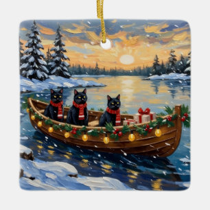 Black Cat Christmas Boat Holiday Ceramic Ornament