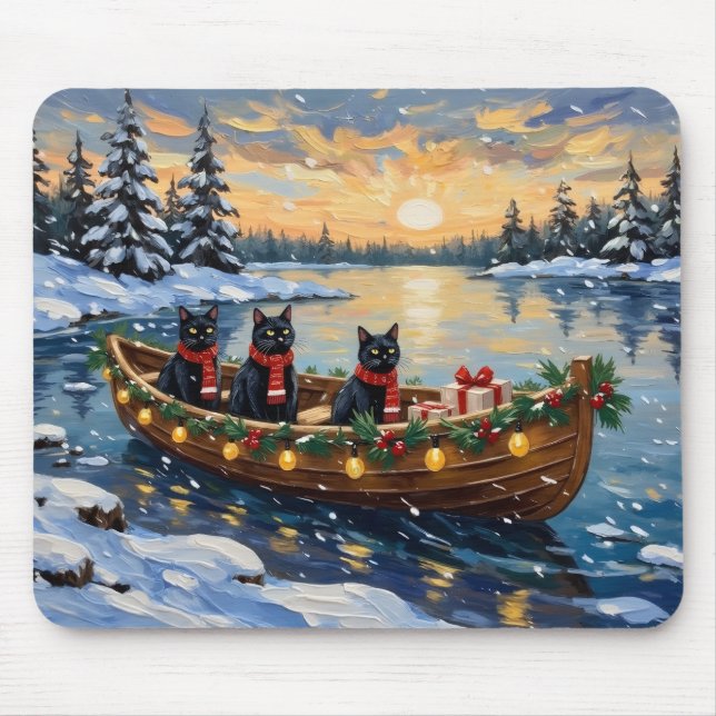 Black Cat Christmas Boat Holiday Mouse Pad (Front)