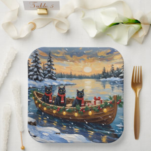 Black Cat Christmas Boat Holiday Paper Plate