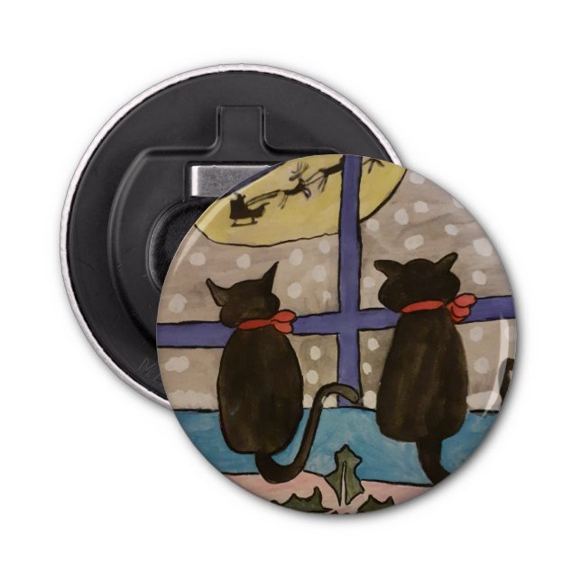 Black Cat Christmas Button Bottle Opener (Front)
