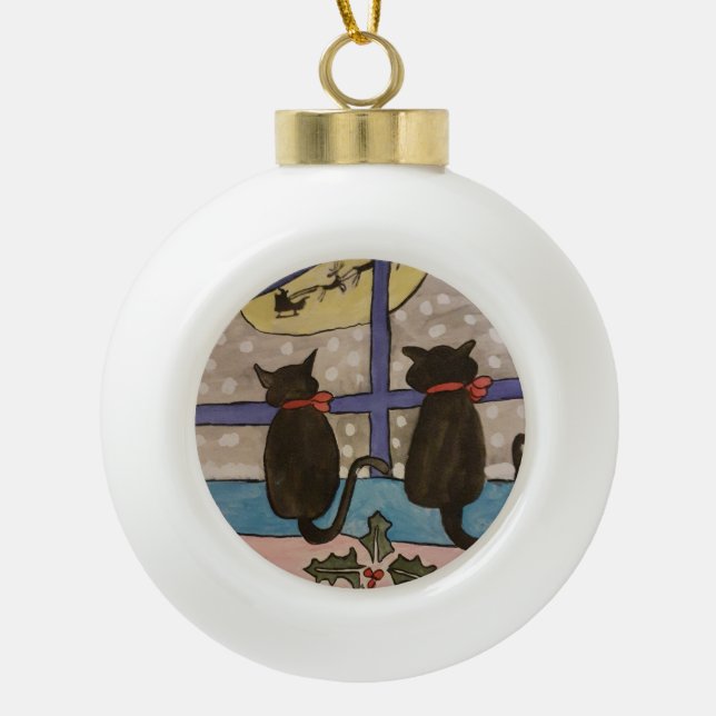 Black Cat Christmas Ceramic Ball Tree Decoration (Front)