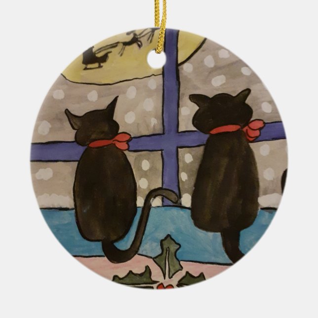 Black Cat Christmas  Ceramic Tree Decoration (Front)