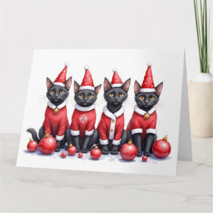 Black Cat Christmas Dress Santa Hat Card