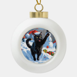 Black Cat Christmas Festive Snow Scene Ceramic Ball Christmas Ornament