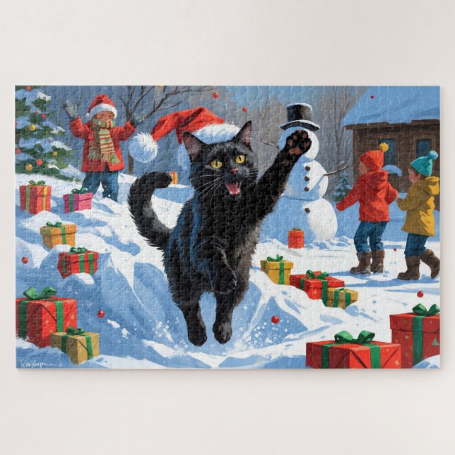 Black Cat Christmas Festive Snow Scene Jigsaw Puzzle (Horizontal)