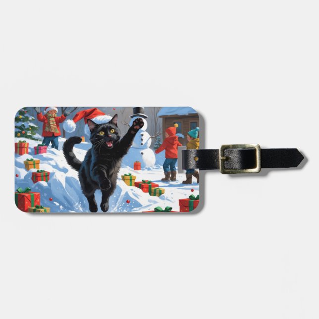 Black Cat Christmas Festive Snow Scene Luggage Tag (Front Horizontal)