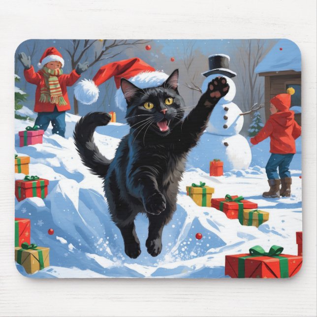 Black Cat Christmas Festive Snow Scene Mouse Pad (Front)