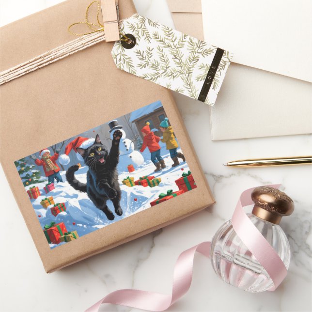 Black Cat Christmas Festive Snow Scene Rectangular Sticker (Gifting)