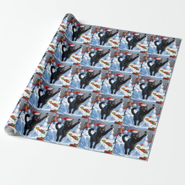 Black Cat Christmas Festive Snow Scene Wrapping Paper (Unrolled)