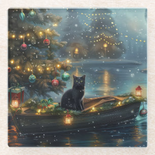 Black Cat Christmas Festive Voyage Glass Coaster