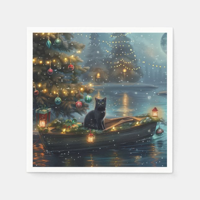 Black Cat Christmas Festive Voyage Napkin (Front)