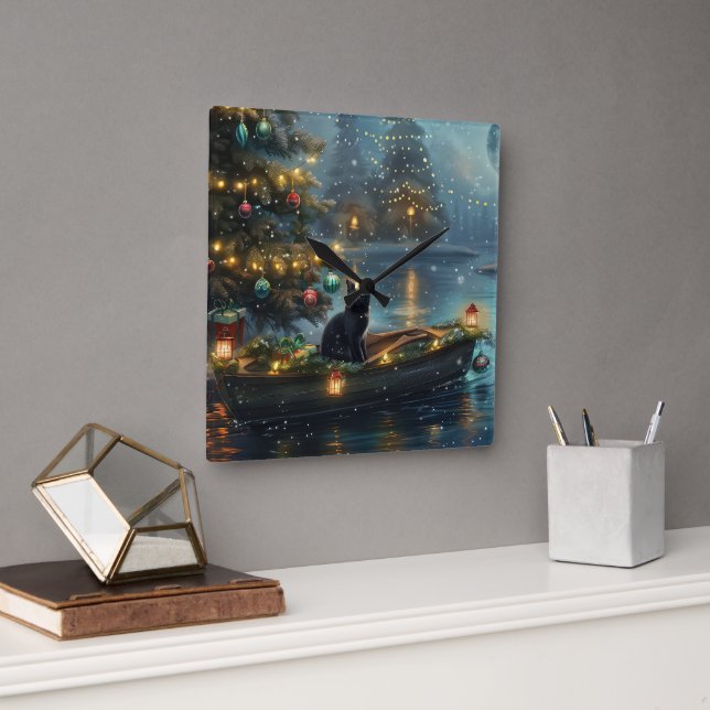 Black Cat Christmas Festive Voyage Square Wall Clock (Office)