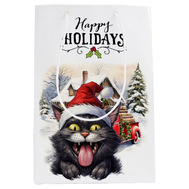 Black Cat Christmas for Cat Lovers Medium Gift Bag (Front)