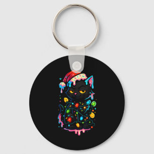 Black Cat Christmas Ice Cream Drip Santa Hat Cute  Key Ring