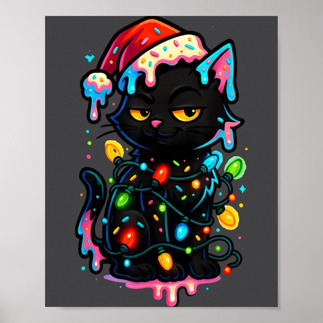 Black Cat Christmas Ice Cream Drip Santa Hat Cute  Poster (Front)