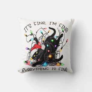 Black Cat Christmas It's Fine I'm Fine Everything Cushion