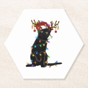 Black Cat Christmas Light Funny Cat Lover Xmas Paper Coaster