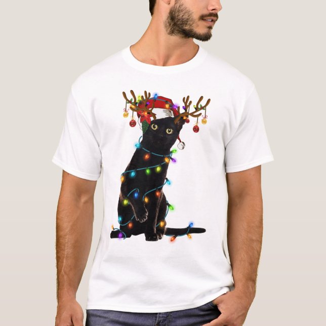 Black Cat Christmas Light Funny Cat Lover Xmas T-Shirt (Front)