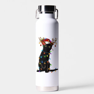 Black Cat Christmas Light Funny Cat Lover Xmas Water Bottle