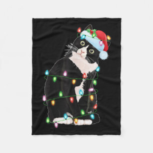 Black Cat Christmas Lights Funny Santa Hat Black C Fleece Blanket