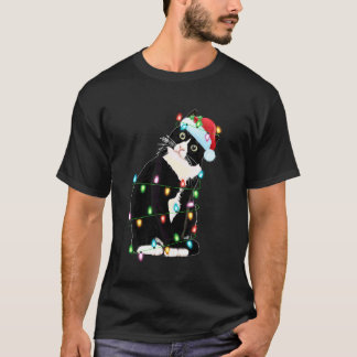 Black Cat Christmas Lights Funny Santa Hat Black C T-Shirt