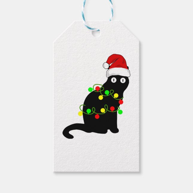 Black Cat Christmas Lights Gift Tags (Front)