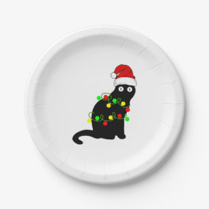 Black Cat Christmas Lights Paper Plate