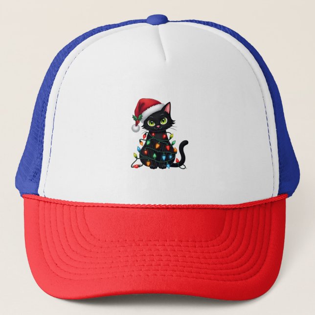 Black Cat Christmas Lights Santa Hat Funny Xmas Ca (Front)