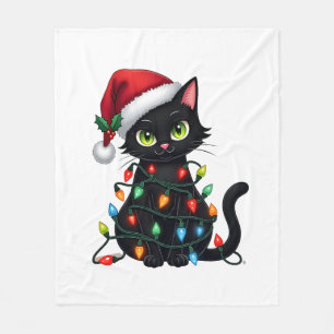 Black Cat Christmas Lights Santa Hat Funny Xmas Ca Fleece Blanket