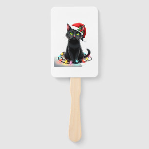 Black Cat Christmas Lights Santa Hat Funny Xmas Ca Hand Fan