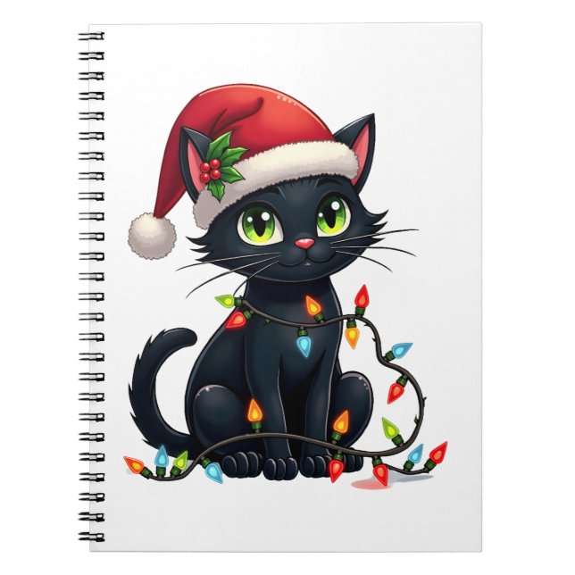 Black Cat Christmas Lights Santa Hat Funny Xmas Ca Notebook (Front)
