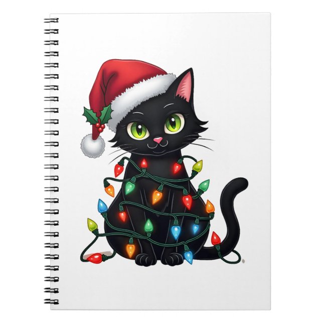Black Cat Christmas Lights Santa Hat Funny Xmas Ca Notebook (Front)