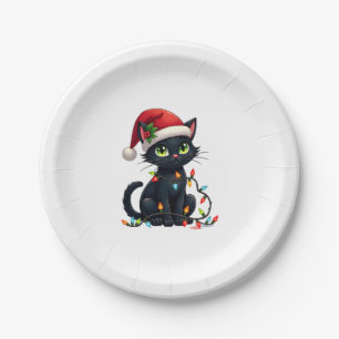 Black Cat Christmas Lights Santa Hat Funny Xmas Ca Paper Plate