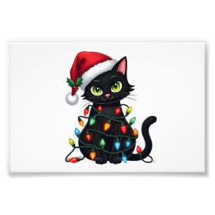 Black Cat Christmas Lights Santa Hat Funny Xmas Ca Photo Print