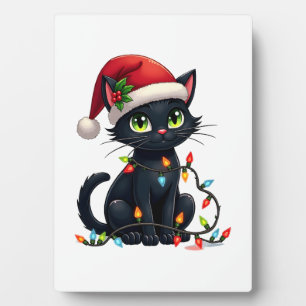 Black Cat Christmas Lights Santa Hat Funny Xmas Ca Plaque
