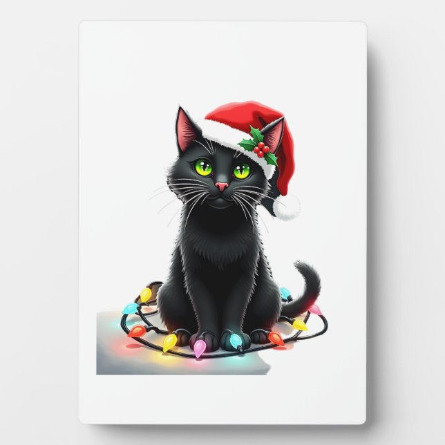 Black Cat Christmas Lights Santa Hat Funny Xmas Ca Plaque (Front)