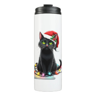 Black Cat Christmas Lights Santa Hat Funny Xmas Ca Thermal Tumbler