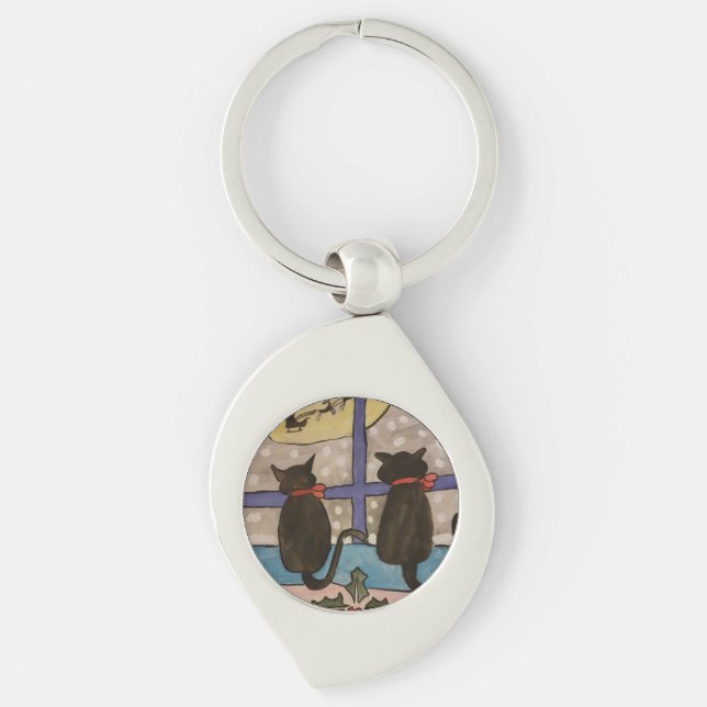 Black Cat Christmas Metal Key Ring (Front)