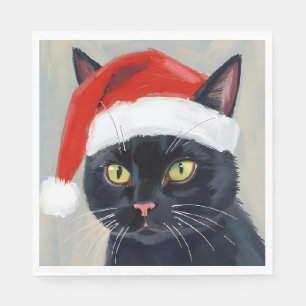 Black Cat Christmas Painting Santa Hat Napkin