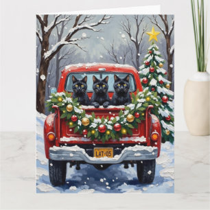 Black Cat Christmas Red Truck Holiday Card