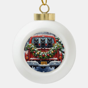 Black Cat Christmas Red Truck Holiday Ceramic Ball Christmas Ornament