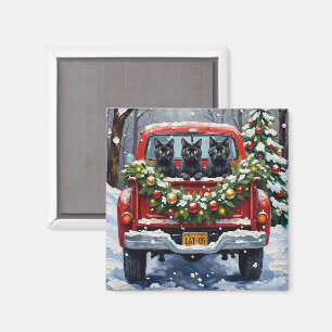Black Cat Christmas Red Truck Holiday Magnet