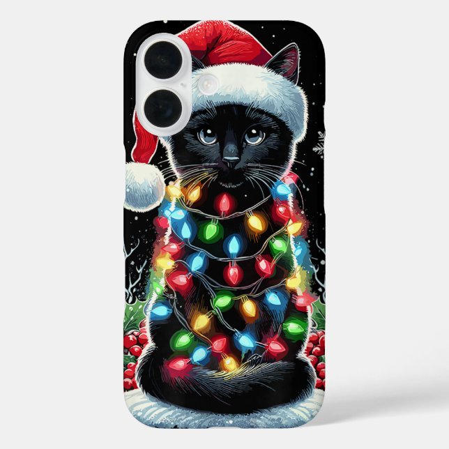 Black Cat Christmas Santa Hat Funny Meowy Cat Case-Mate iPhone Case (Back)