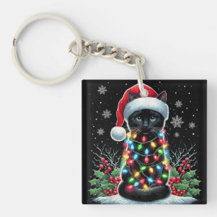 Black Cat Christmas Santa Hat Funny Meowy Cat Key Ring